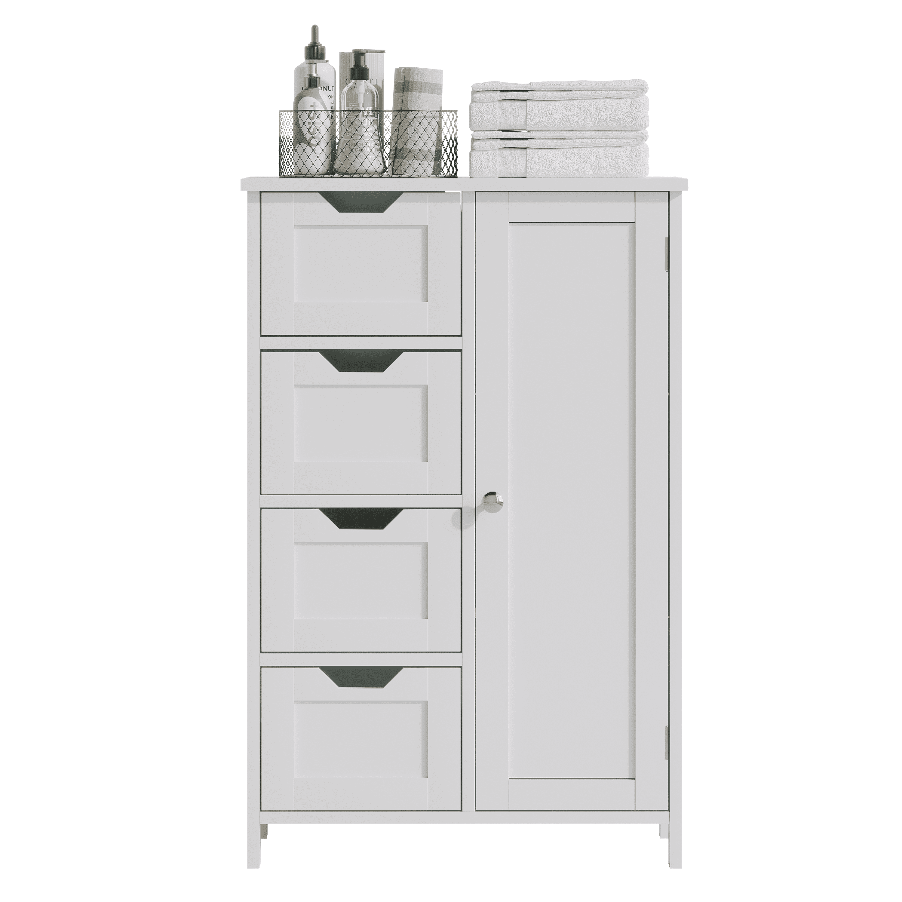 Bathroom Storage Cabinet with 4 Drawers and 1 Door, Freestanding Wooden Floor Organizer for Bathroom, Narrow Storage Cabinet for Small Spaces, Entryway, Living Room or Hallway, White