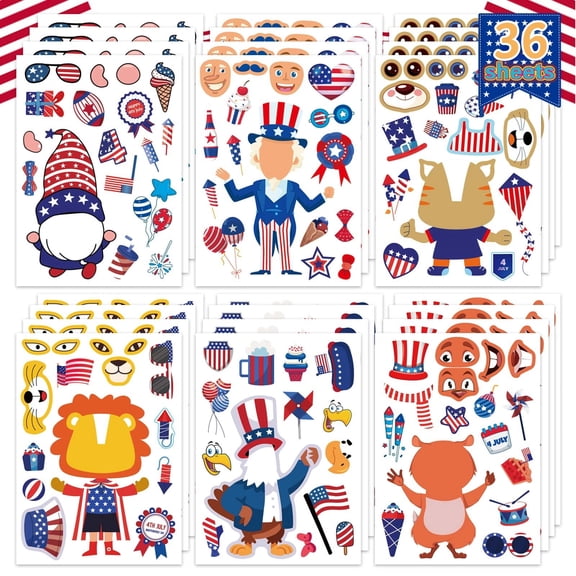 Kabuer 4th of July Independence Day Stickers Patriotic Theme Make a Face, 36 Sheets Count