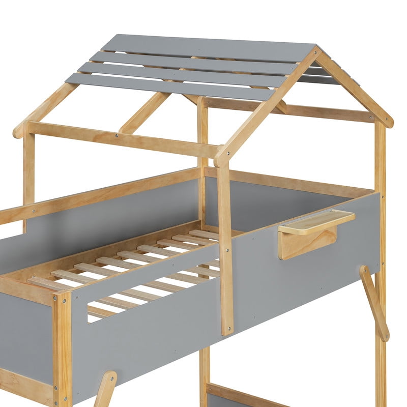 Twin over Twin House-Shaped Bunk Bed with Roof & Stairs, Kids Bed Frame with 3-Color LED Lights & Bedside Storage Shelf