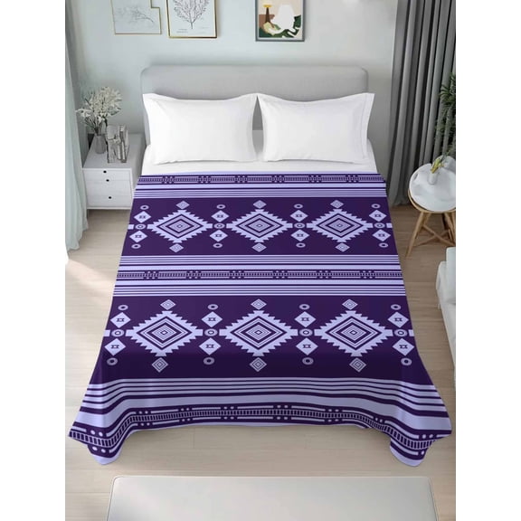 Queen Size Flat Sheet Only,Tribal Geometric Purple Stripes Soft Top Bed Sheets Breathable Bedding Sheet Retro Boho Striped Microfiber Hotel Luxury Top Sheets