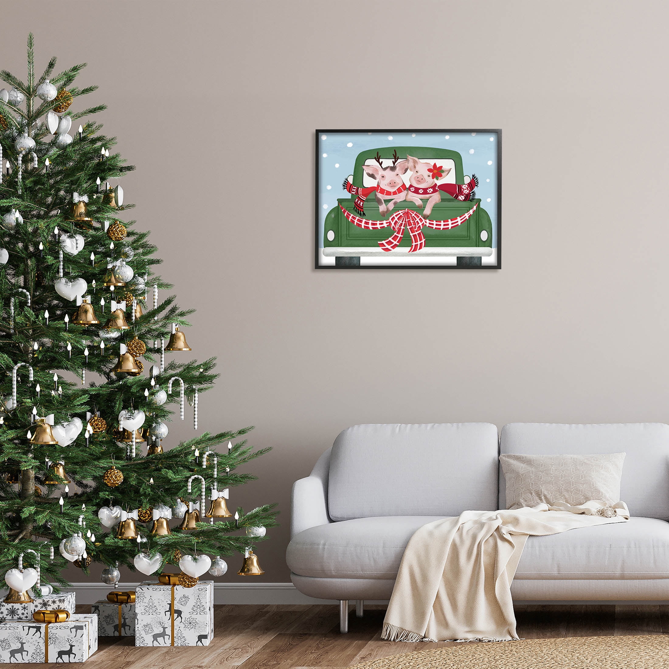 Farmhouse Pigs Green Holiday Truck Holiday Graphic Art Black Framed Art Print Wall Art