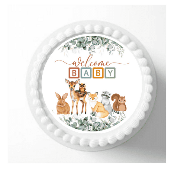 Woodlands Welcome Baby Jungle Animals Edible Icing Image Cake Decoration Topper -7.5inch Round