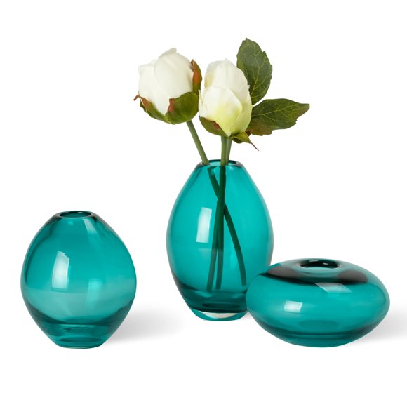 Torre & Tagus Mouth Blown Teal Bud Vases Set of 3 - Hand Blown Glass Bud Vases & Clear Small Teal Vase for Flowers, Glass Turquoise Decor for Wedding & Home Decor (Mini Lustre