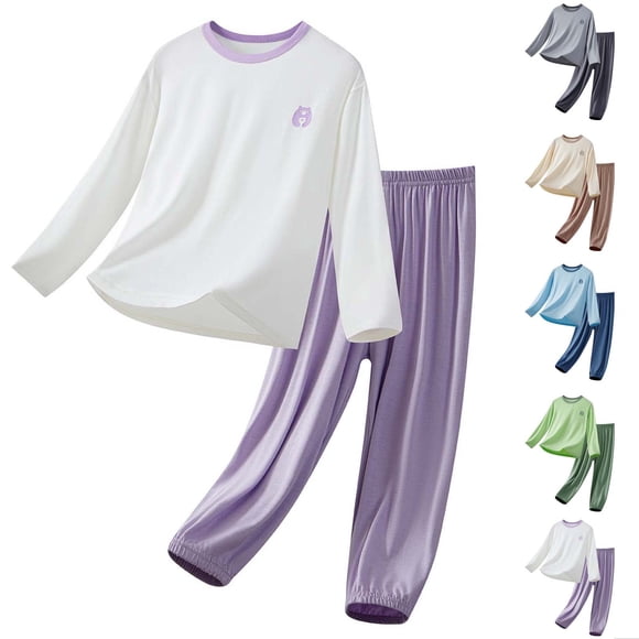 oelaio Ensemble Détente pour Enfants 2 Pcs Ensembles de Pyjama en Modal à Blocs de Couleur T-Shirt à Manches Longues et Pantalon à Bas Resserré Pyjamas Doux Tenue de Détente Gris 11-12 Ans