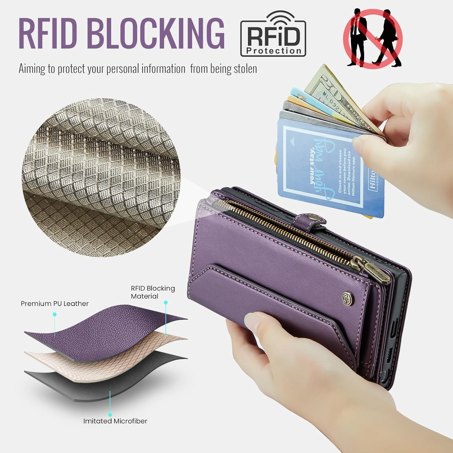 KOMI for Samsung S24 Ultra Case with RFID Blocking for Samsung Galaxy S24 Ultra Wallet Case for Women Men, PU Leather Magnetic Flip Strap Zipper Card Holder Phone Case for Galaxy S24 Ultra Purple