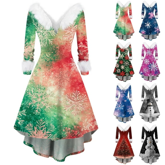 Christmas Dresses for Women Women's Fashion V-neck Casual Slim Christmas Printed Party Long Sleeve Dresses with Fur Collar for Christmas Party,Blue,L
