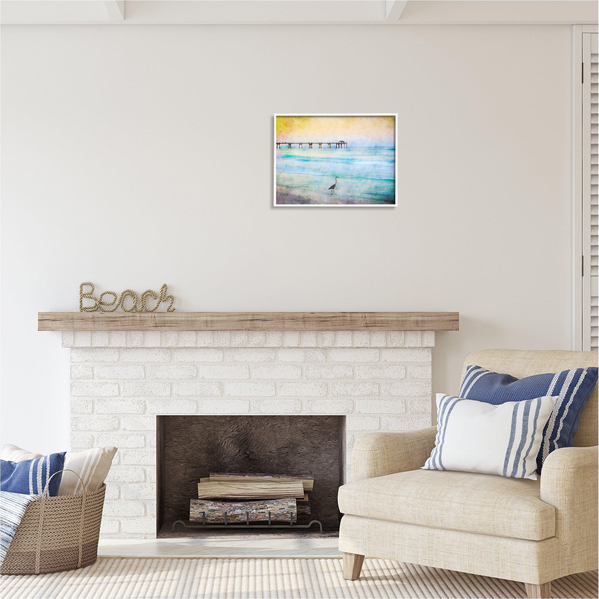 Stupell Industries Abstract Heron on Shore Animals & Insects Painting White Framed Art Print Wall Art, 20 x 16
