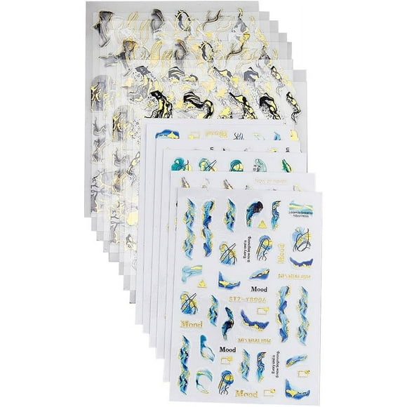 14 Sheets Nail Art Stickers Decals Marble Wave Nail Stickers 7 Styles 3D Self-Adhesive Gold Nail Decals Nail Art Supplies Design Accessories for Women French Nail DIY Decoration