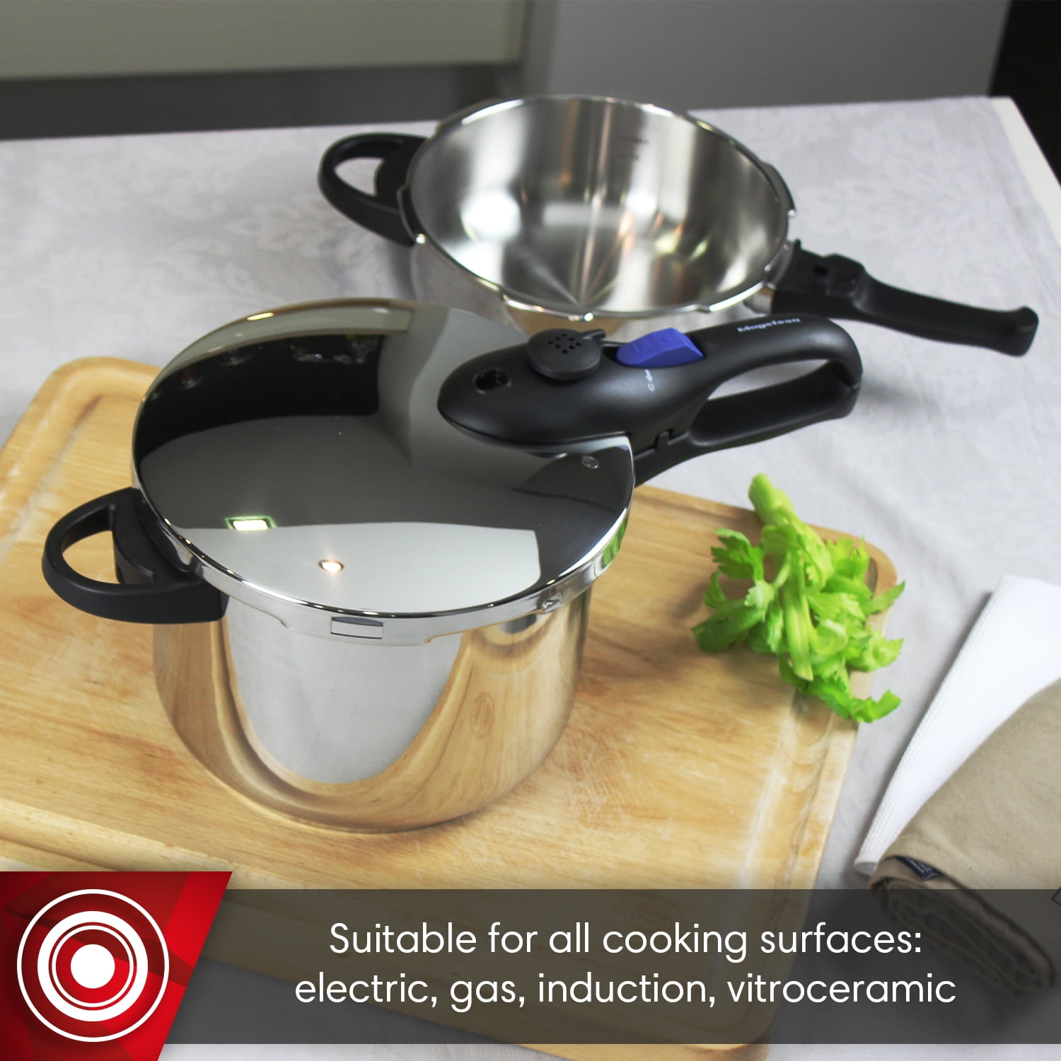 Magefesa Favorit Pressure Cooker Set, 3.2  & 6.3 Qt, Stainless Steel, Induction Compatible, 5 Safety Systems