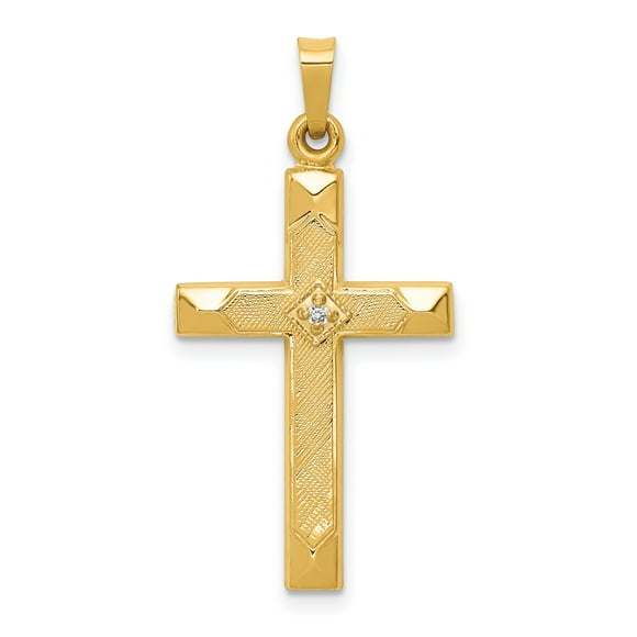 14K Yellow Gold Textured and Polished Diamond Cross Pendant
