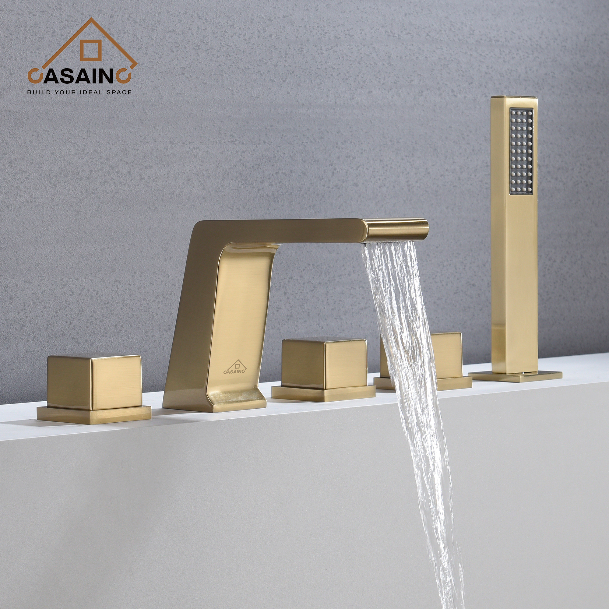 Boyel Living 5-Hole Deck Mounted Bathtub Faucet Bathroom Roman Tub Faucet with Hand-Held Shower Sprayer Brushed Gold
