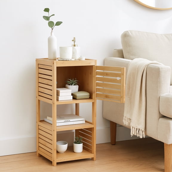 Compact Bathroom Storage Cabinet with Open Shelves and Vented Door, Natural - Trinidad Collection