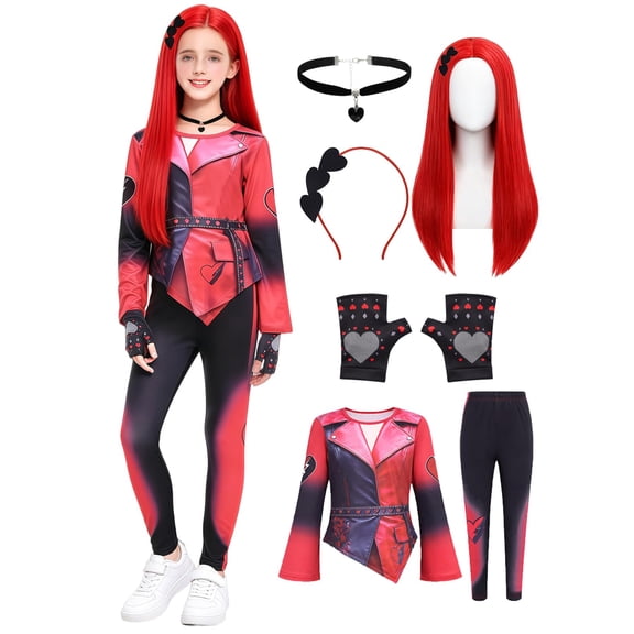 Red Princess Dress Halloween Cosplay, Rise of Red Halloween Costumes, Red Outfit with Gloves Wig Necklace Headband, for Cosplay Party Masquerade, 110