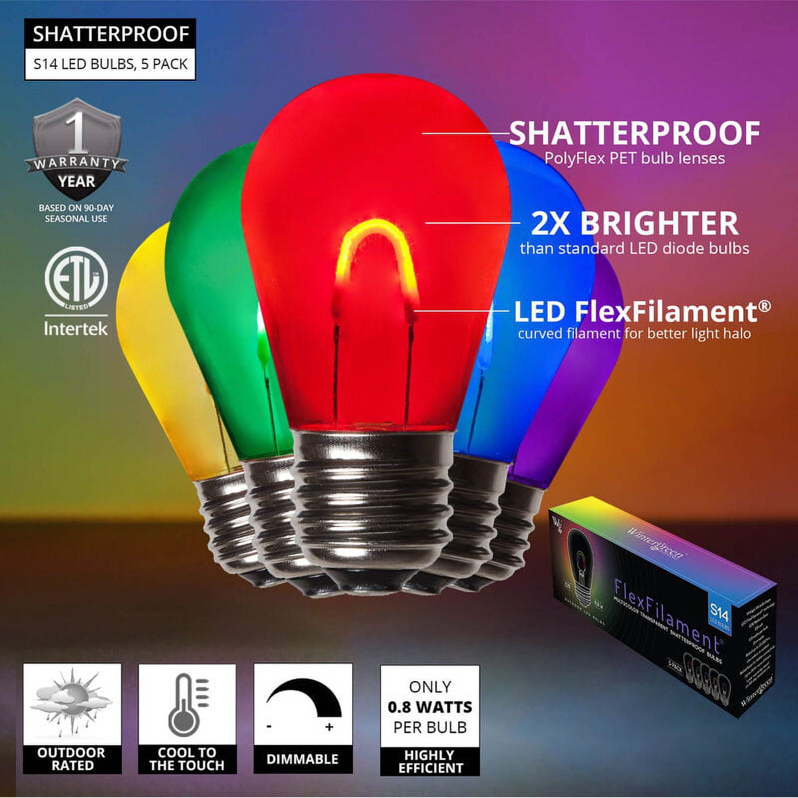 Wintergreen Lighting FlexFilament LED Shatterproof S14 Multicolor