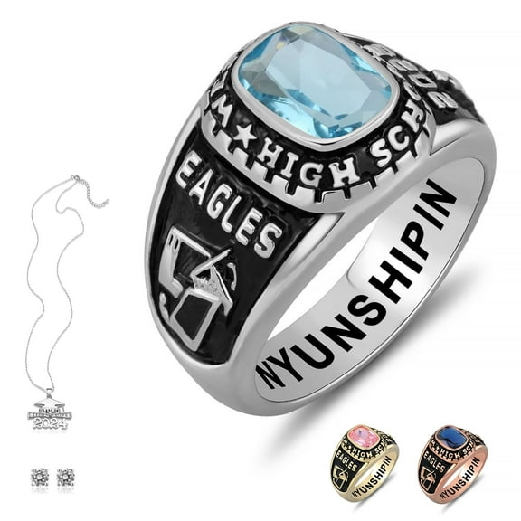 Ccjcinata Fully Personalized Customized class rings Sterling Silver Women's High School and College Class Ring – Classic Collection (Sterling Silver - Platinium)