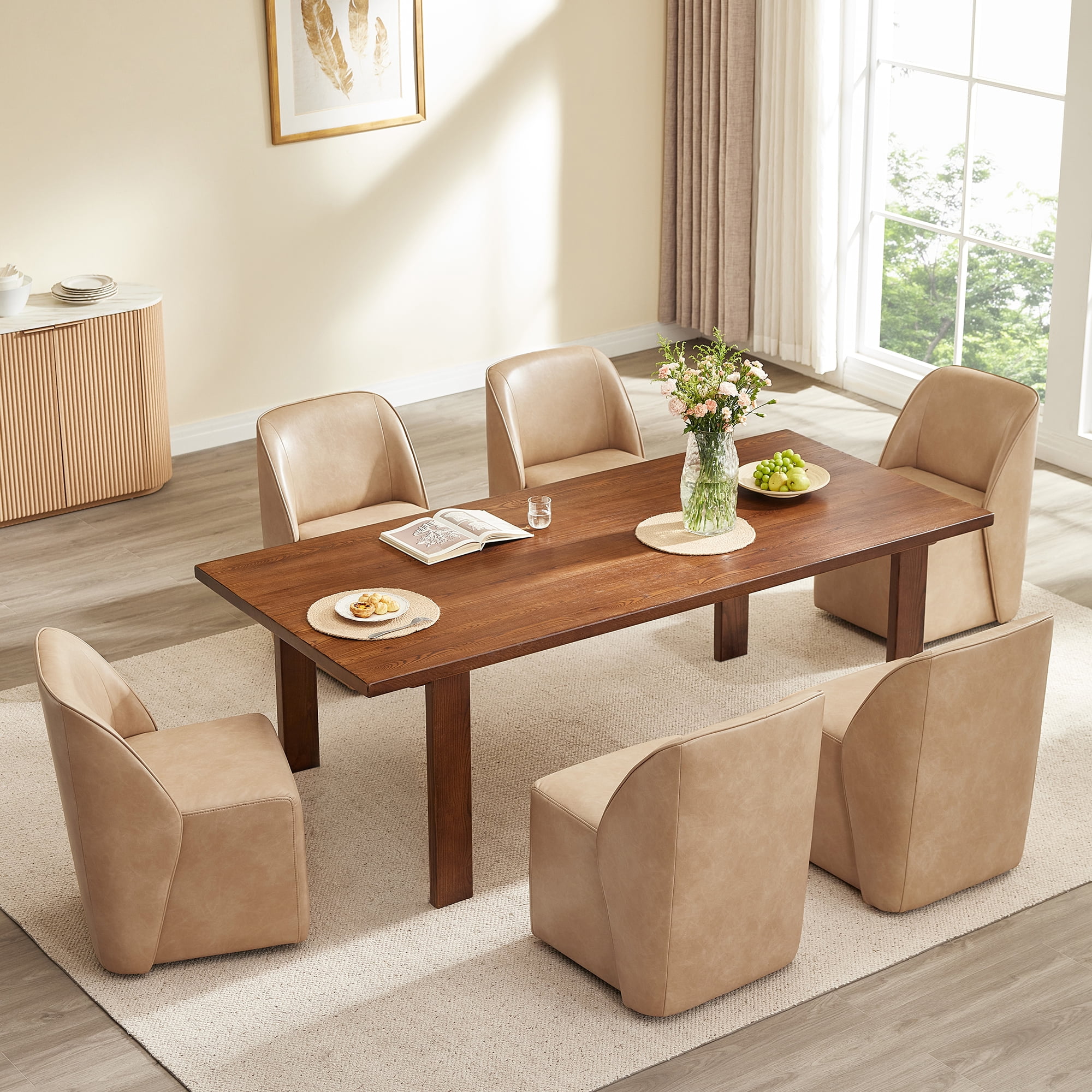Spruce & Spring Rolling Upholstered Dining Chair with Smooth Hidden Casters Set of 2, Tan