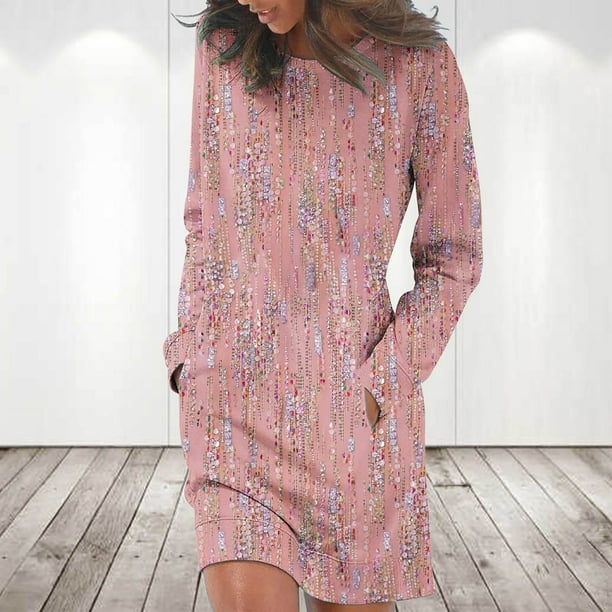 Fankiway Women s Fashion Long Sleeve Print Round Neck Long Dress