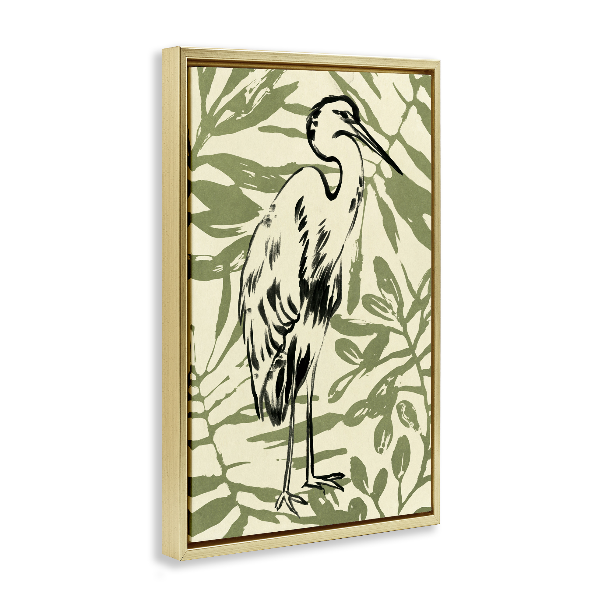 Stupell Industries Heron & Leaf Pattern Animals & Insects Painting Gold Floater Framed Canvas Art Print Wall Art, 21 x 31
