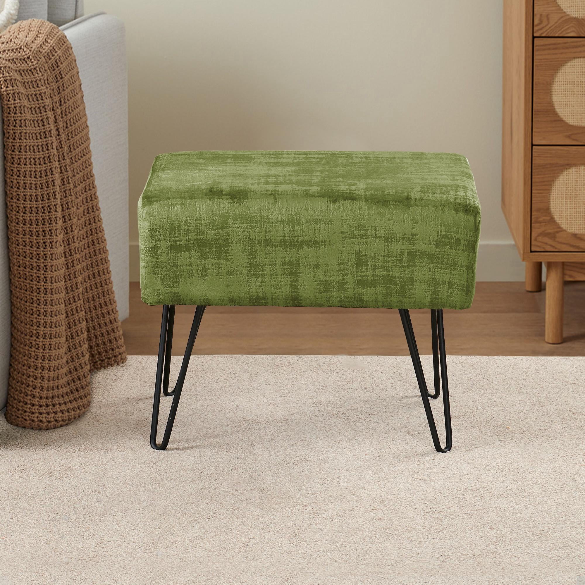 Home Soft Things Textured Velvet Ottoman Stool Chair, Upholstered Footrest with Black Metal Legs, Calla Green, 19" x 13" x 17"