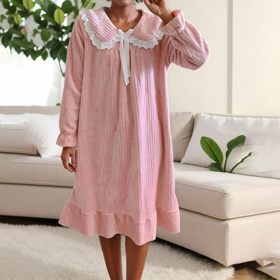 Women's Flannel Nightdress Long Sleeve Nighties for Women V Neck Soft Button Down Classic Ladies Nightgowns Sleepwear Ladies Nightwear Pink M
