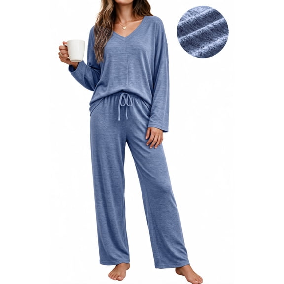 UVN Fall Womens Pajama Set 2 Piece Long Sleeve V Neck Top and Wide Leg Pant Ladies Soft Matching Lounge Set with Pockets