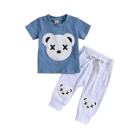 

Qtinghua Toddler Baby Boy Summer Outfits Kids Short Sleeve Bear Pattern T-shirt Tops + Drawstring Pants Clothes