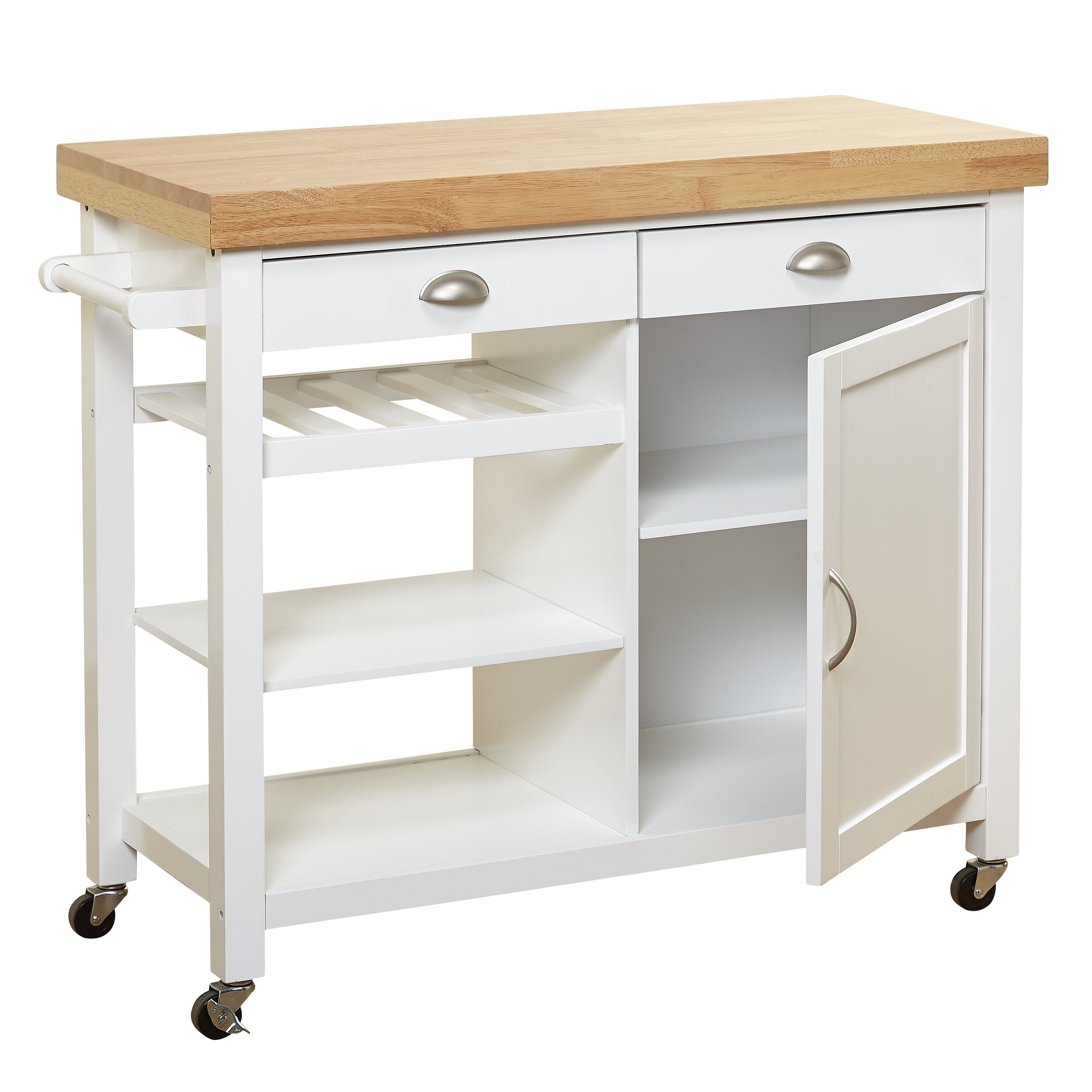 TMS Martha Butcher Block Rolling Kitchen Island with Cabinet, Drawers, Shelves, and Towel Rack, White
