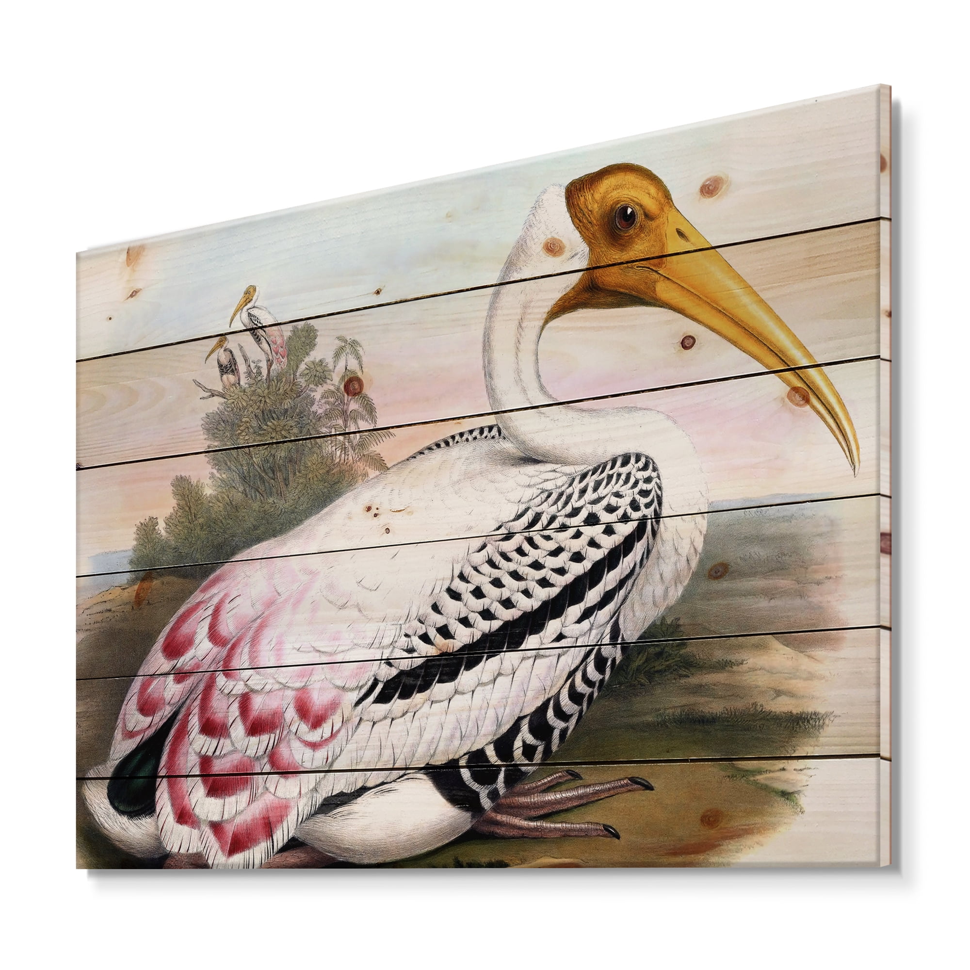 Designart 'Vintage Countryside White Birds' Farmhouse Print on Natural Pine Wood