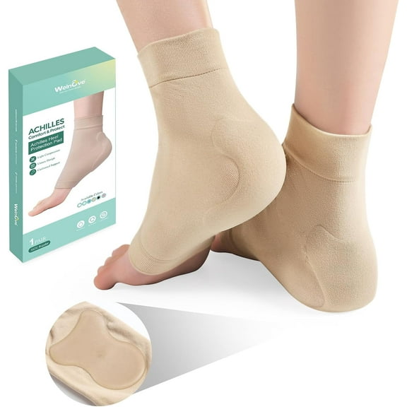 Welnove Achilles Tendon Heel Protector Support Socks Gel Padded Sleeve Bursitis Cracked Heel Protection ,Regular,Beige
