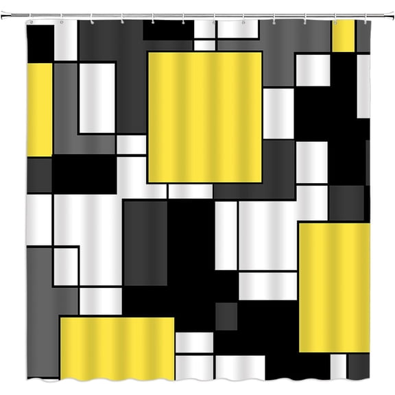 Abstract Geometric Shower Curtain Yellow Black Gray and White Geometry Squares 3D Contemporary Fashion Simple Home Fabric Bathroom Decor Set Include Hooks,70" WX70 H