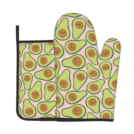 

Junzan Cute Avocado Pattern Oven Mitts and Pot Holders 2 pcs Set Potholders BBQ Gloves Long Kitchen Oven Glove for Cooking Baking Grilling (2-Piece Set 11 Inch)