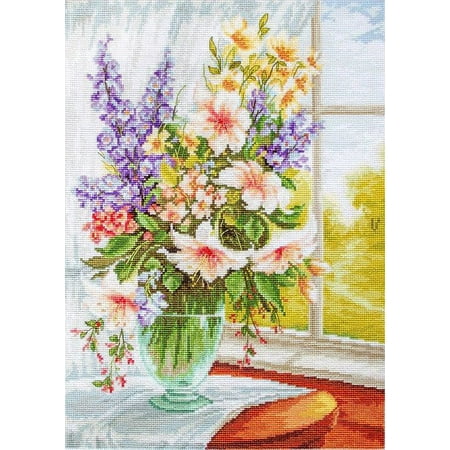UPC: 4840746043420 | Counted Cross-Stitch Kit Flowers at the Window BU4015L Needlework Easy Flowers Purple Yellow By Luca-S Green