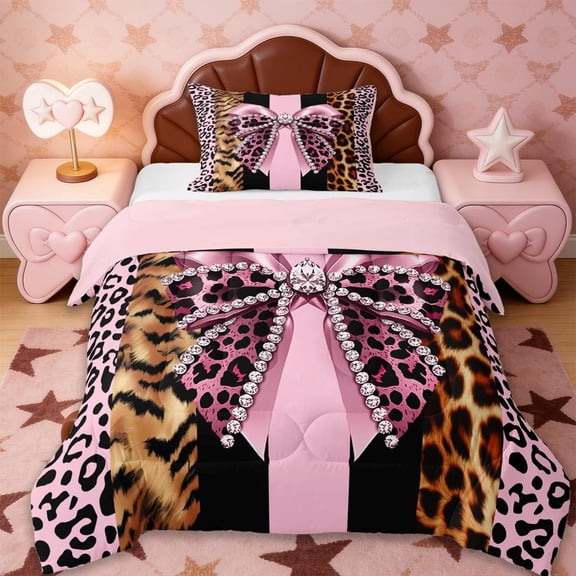 Erosebridal Personalized Leopard Bowknot Twin Comforter Sets,Pink Cheetah Print Kids Bedding Set,Reversible pink,2-Piece