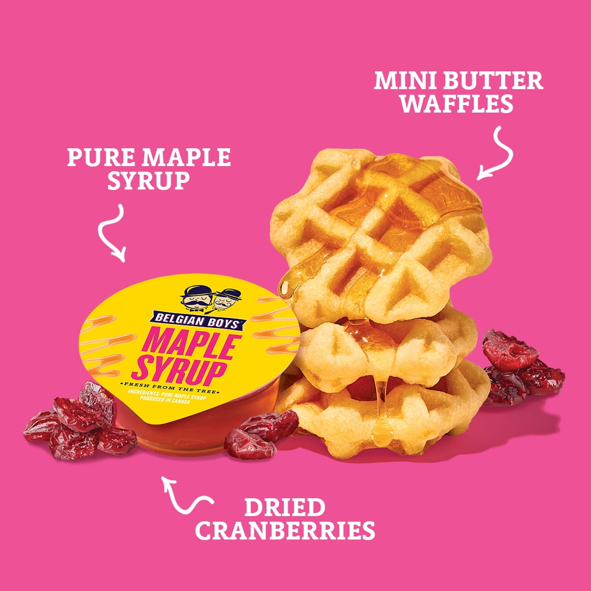 Belgian Boys Mini Butter Waffles, Maple Syrup, and Dried Cranberries, 2.27oz Tray (Refrigerated)