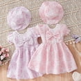 thumbnail image 3 of Inadays Toddler Baby Girl Floral Jacquard Puff Sleeve Dress Summer Bowknot Princess A-line Dresses Kids Birthday Ball Gown Party Pageant Dresses with Hat, Pink, 3-4 Years, 3 of 10