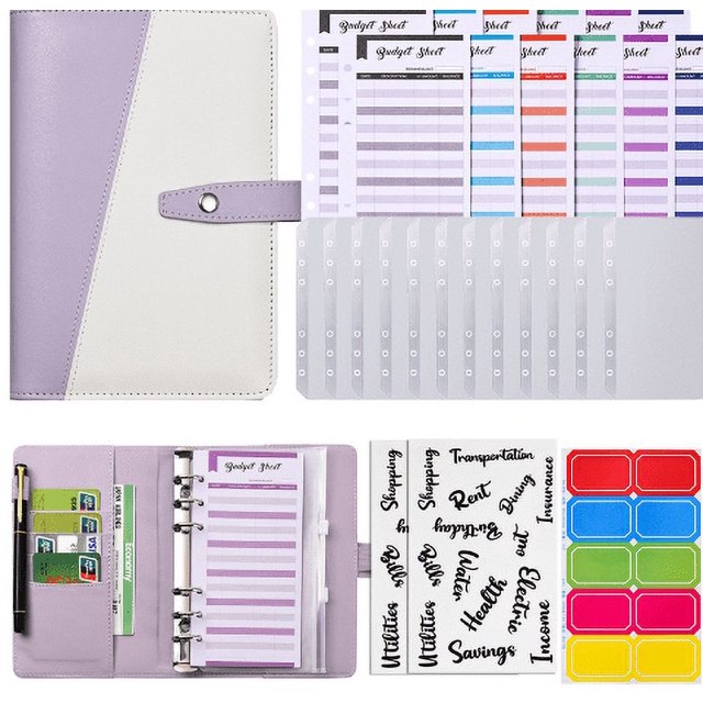 Carpeta de presupuesto A6 con cremallera, hojas de presupuesto con 14 sobres transparentes, portadocumentos multiusos para oficina, agenda para tarjetas de presentación, color morado.