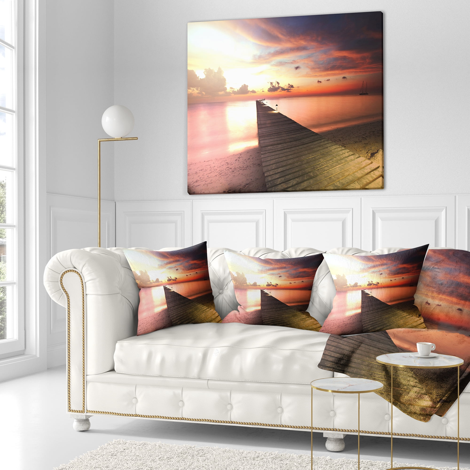Designart Wooden Boardwalk into Colorful Sea - Bridge Throw Pillow - 16x16