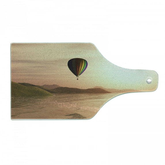 Hot Air Balloon Cutting Board, Sunset Seaside Landscape Mountains Waves Reflection, Decorative Tempered Glass Cutting and Serving Board, in 3 Sizes, by Ambesonne