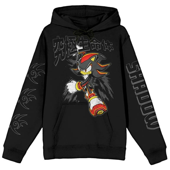Sonic The Hedgehog Shadow Running with Black Lettering and Sleeve Hits Adult Black Long Sleeve Hoodie-Medium