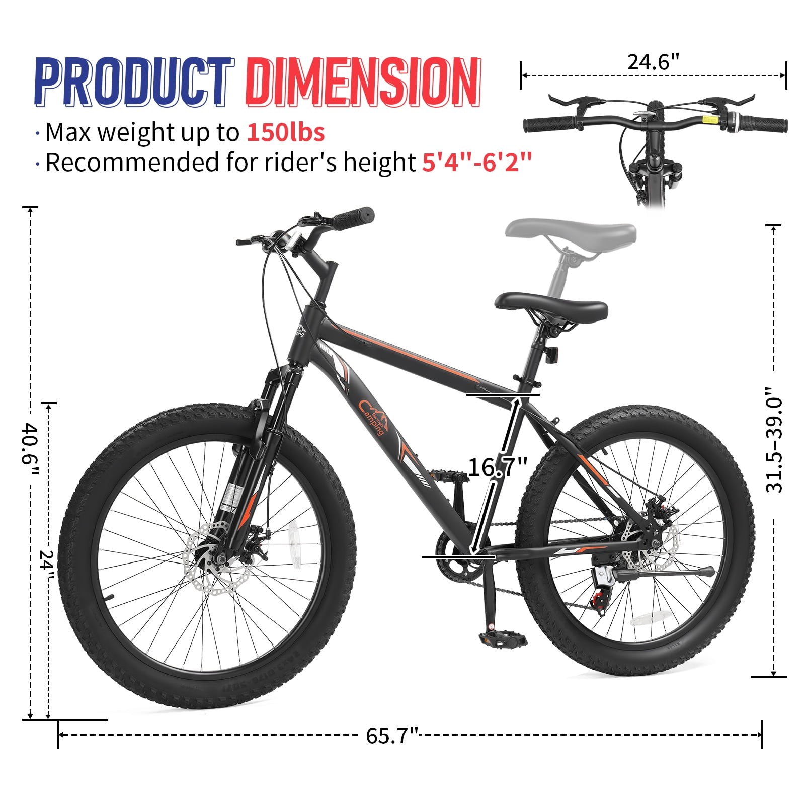 Ktaxon 24 Inch Fat Tire Mountain Bike 7 Speed, Dual Disc Brakes, Twist Shifter Bike for 5'4"+, Black
