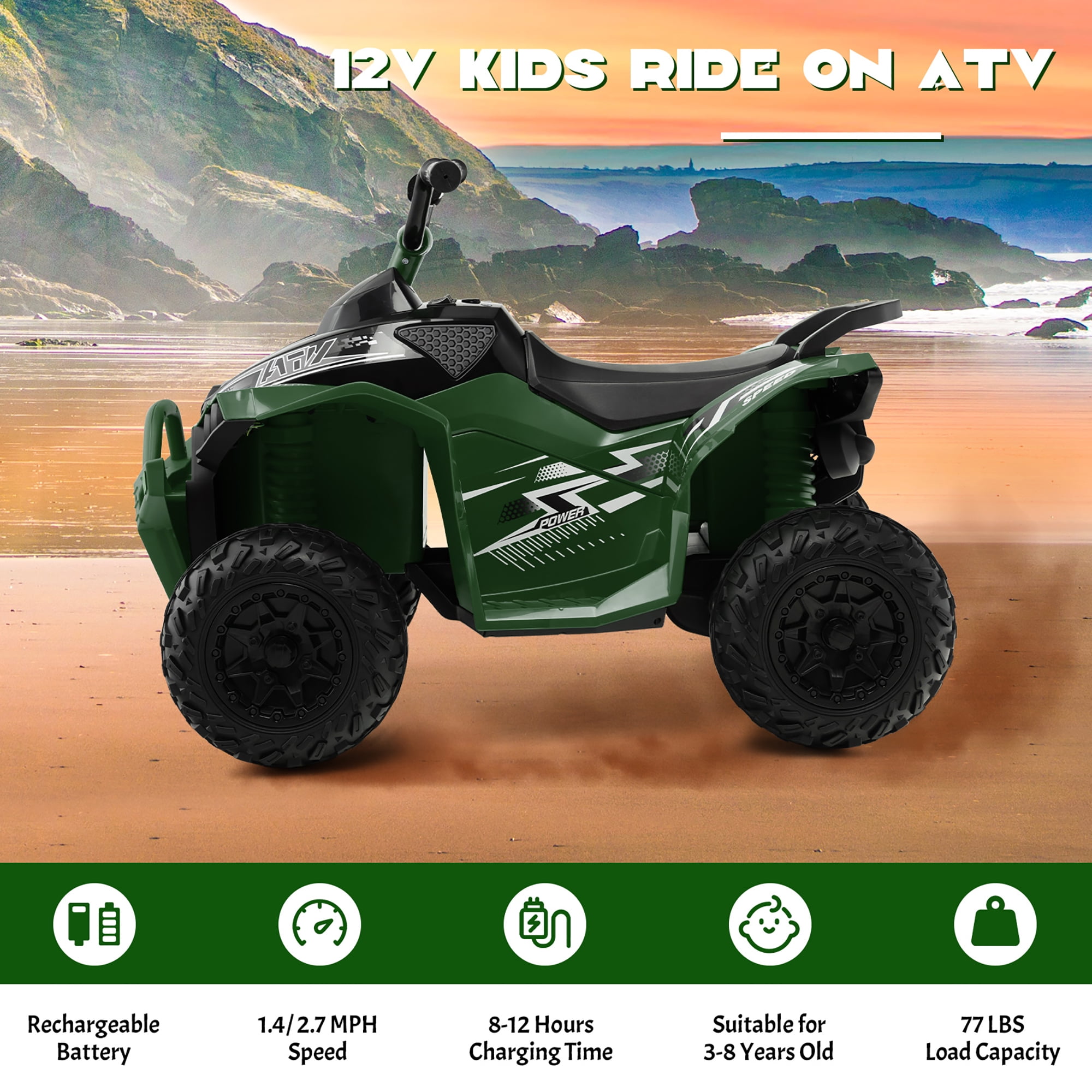 Costway 12V Battery Powered Kids Ride On ATV Electric 4-Wheeler Quad Car with  MP3 & Light Green