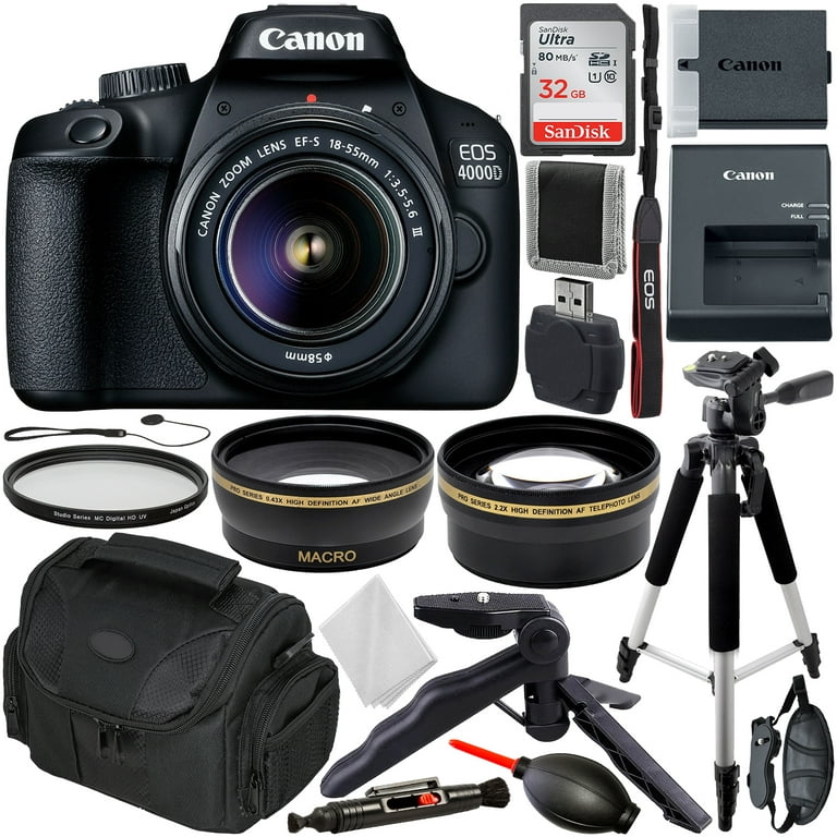 Canon EOS 4000D DSLR Camera with 18-55mm III Lens & Essential Accessory  Bundle – Includes: SanDisk Ultra 32GB SDHC Memory Card + Wide Angle Lens  Attachment + Telephoto Lens Attachment + MORE 