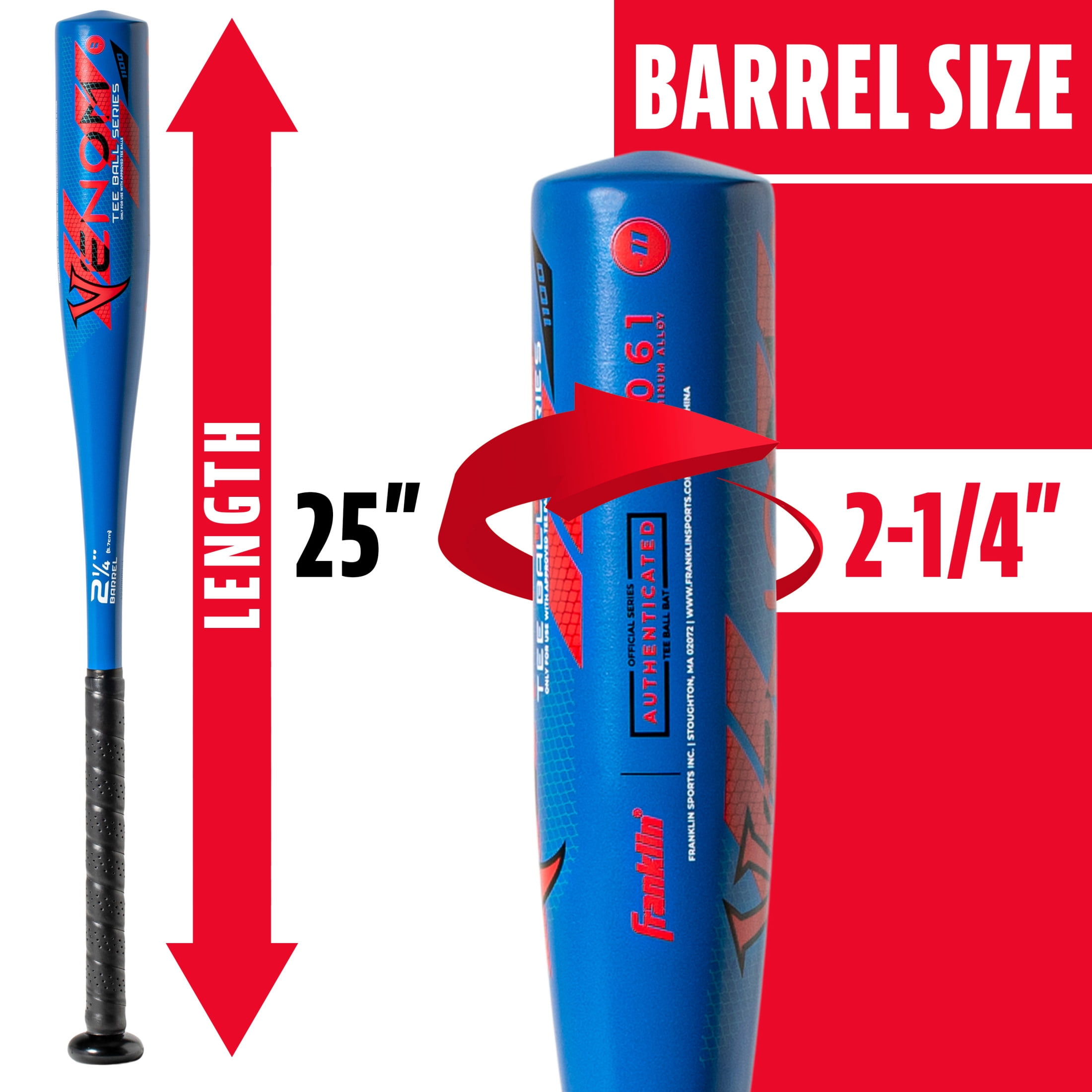 Franklin Sports Venom 1100 Youth Aluminum Teeball Bat, 25 in/14 oz, Drop -11, Blue