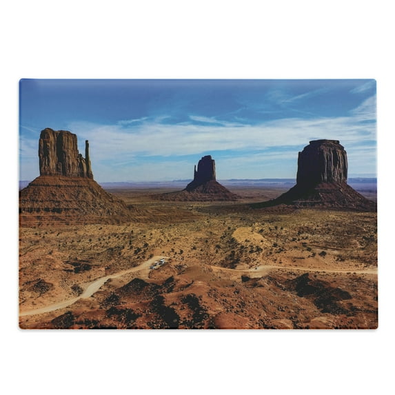 Landscape Cutting Board, Monument Valley Arizona 3 Buttes East West Merrick National Parks Photograph, Decorative Tempered Glass Cutting and Serving Board, in 3 Sizes, by Ambesonne