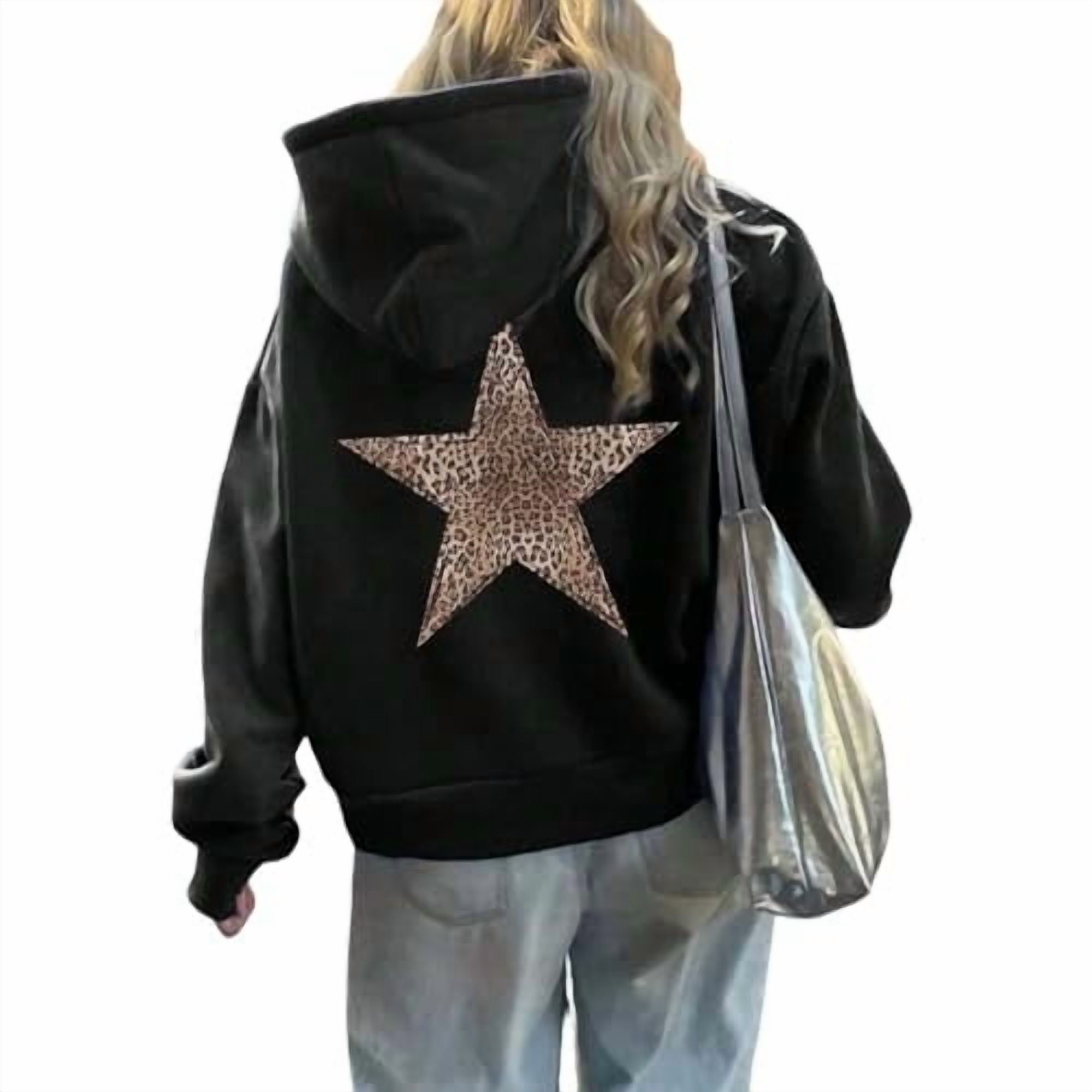 Leopard Star Hoodies for Women Oversized Cheetah Graphic Long Sleeve Hooded Sweatshirt Fashion Y2k Streetwear Pullover Tops
