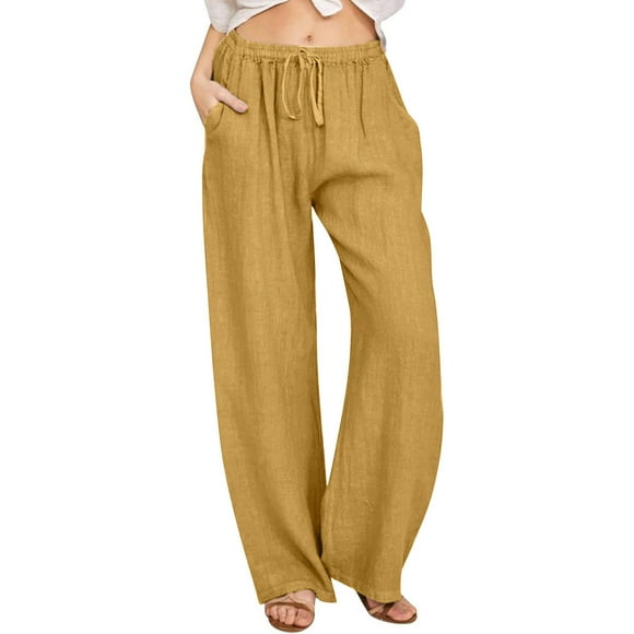 ZVAVZ Cotton Linen Casual Pants for Women,Ladies Elastic Waist Drawstring Straight Leg Trousers Comfy Baggy Yoga Pants Trousers for Beach Vacation Daily Deals Yellow XXL
