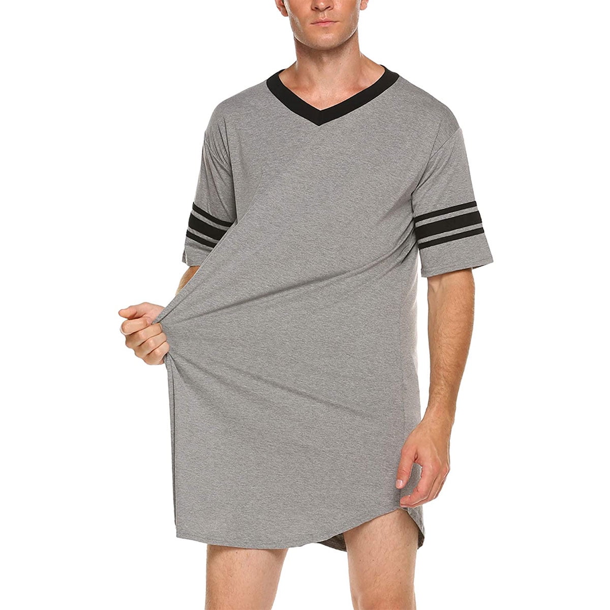 Mens Nightgowns Short Sleeve Sleepwear Cotton V Neck Nightshirt Comfy Pajamas SXXL