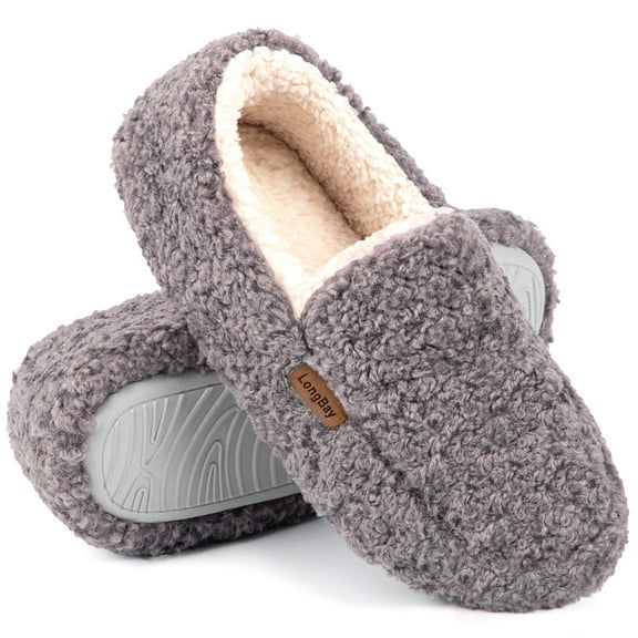 LongBay Women's Fuzzy Memory Foam Slippers Warm Cozy Shearling House Slippers for Ladies Supportive Slip on Indoor Home Shoes