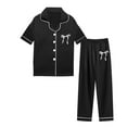 thumbnail image 3 of SonxaHe Toddler Girl's Silk Outfits Sleepwear Short Sleeve Shirt Pants Kids Comfy Loose Loungewear Nightwear Outfits Black,Sized 3-4, 3 of 3