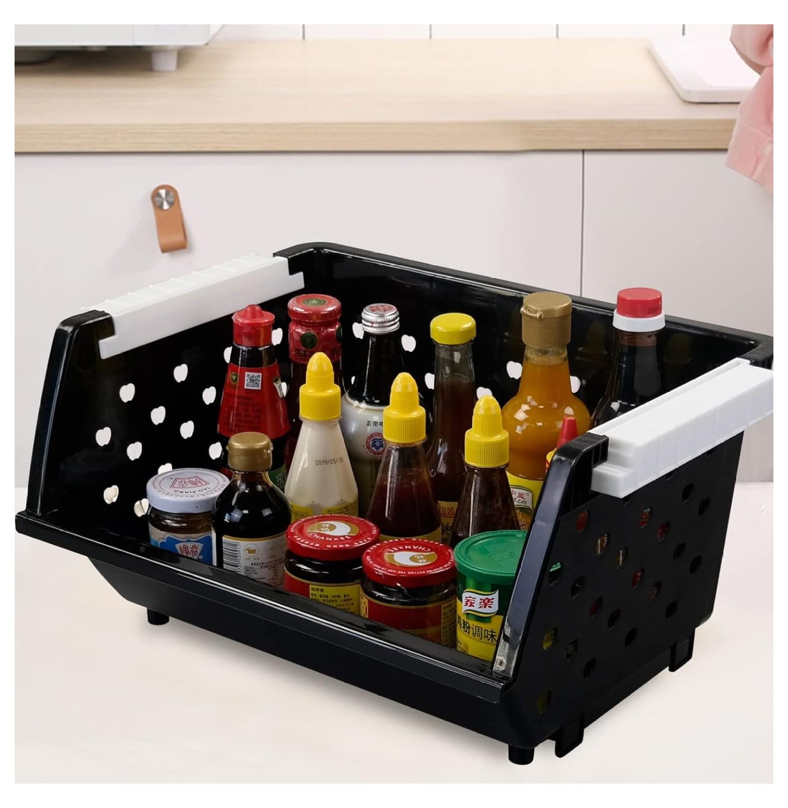 3-Pack Plastic Stackable Organizer Basket, Stacking Storage Basket, Black